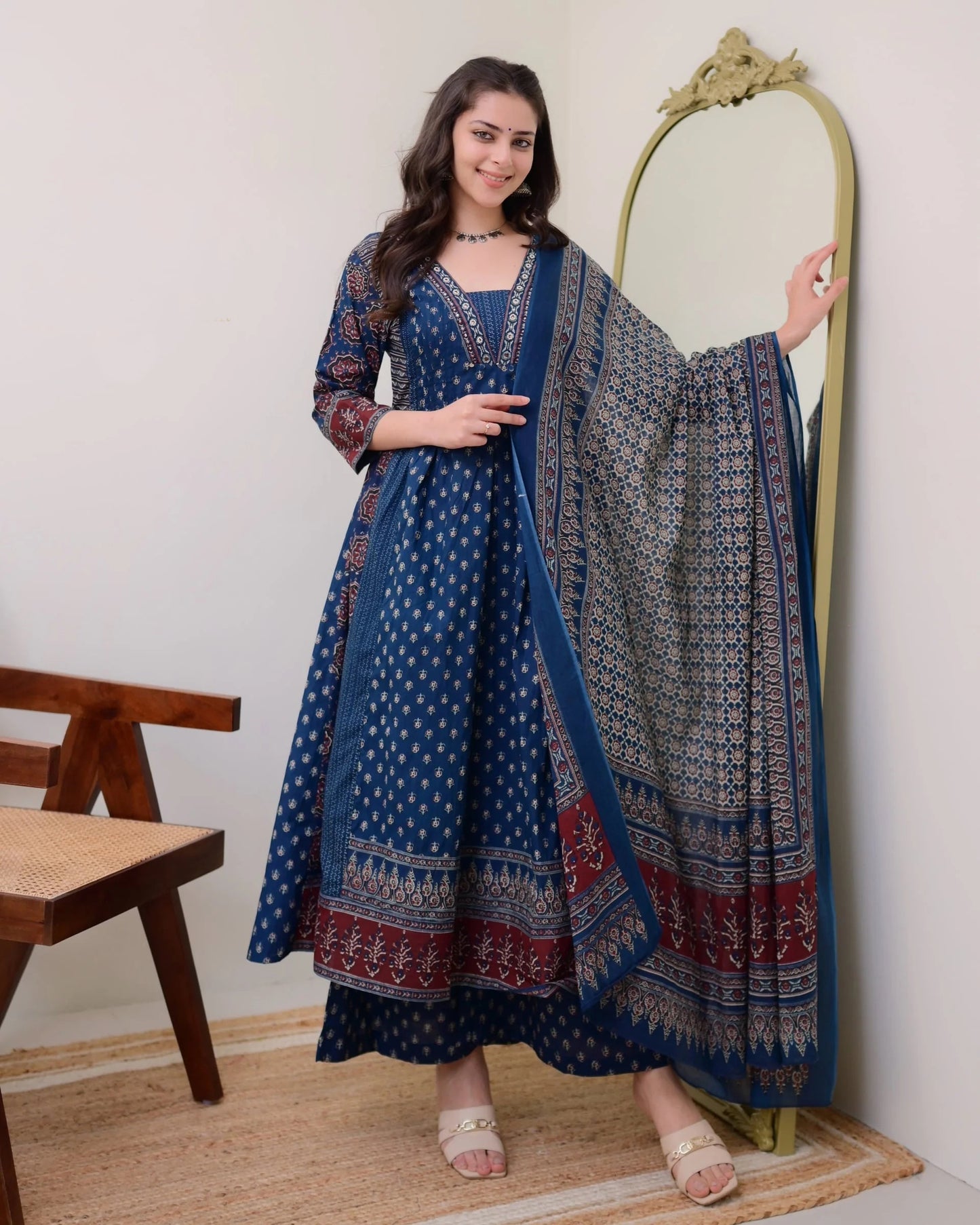 Blue Anarkali Kurta And Pant Set With Dupatta