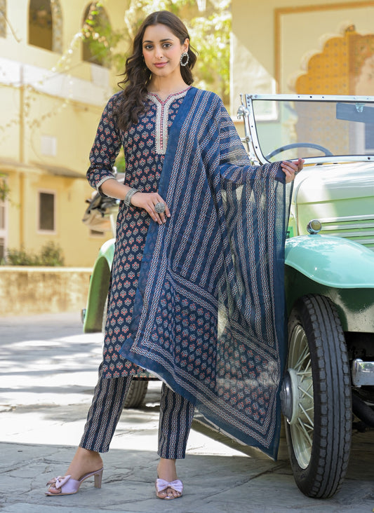 Blue Straight Kurta And Pant Set With Dupatta