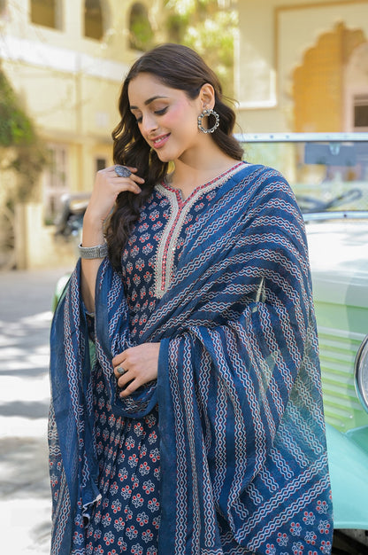 Blue Straight Kurta And Pant Set With Dupatta