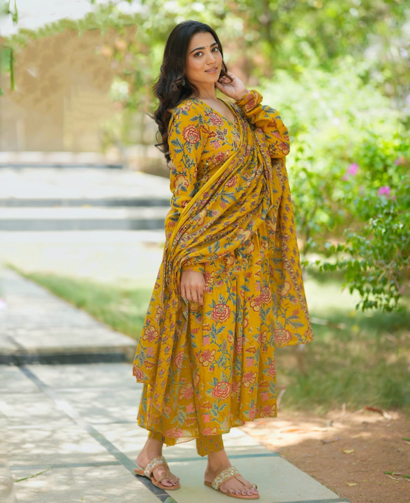 Yellow Anarkali Kurta And Pant Set With Dupatta