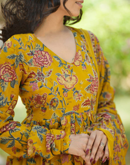 Yellow Anarkali Kurta And Pant Set With Dupatta