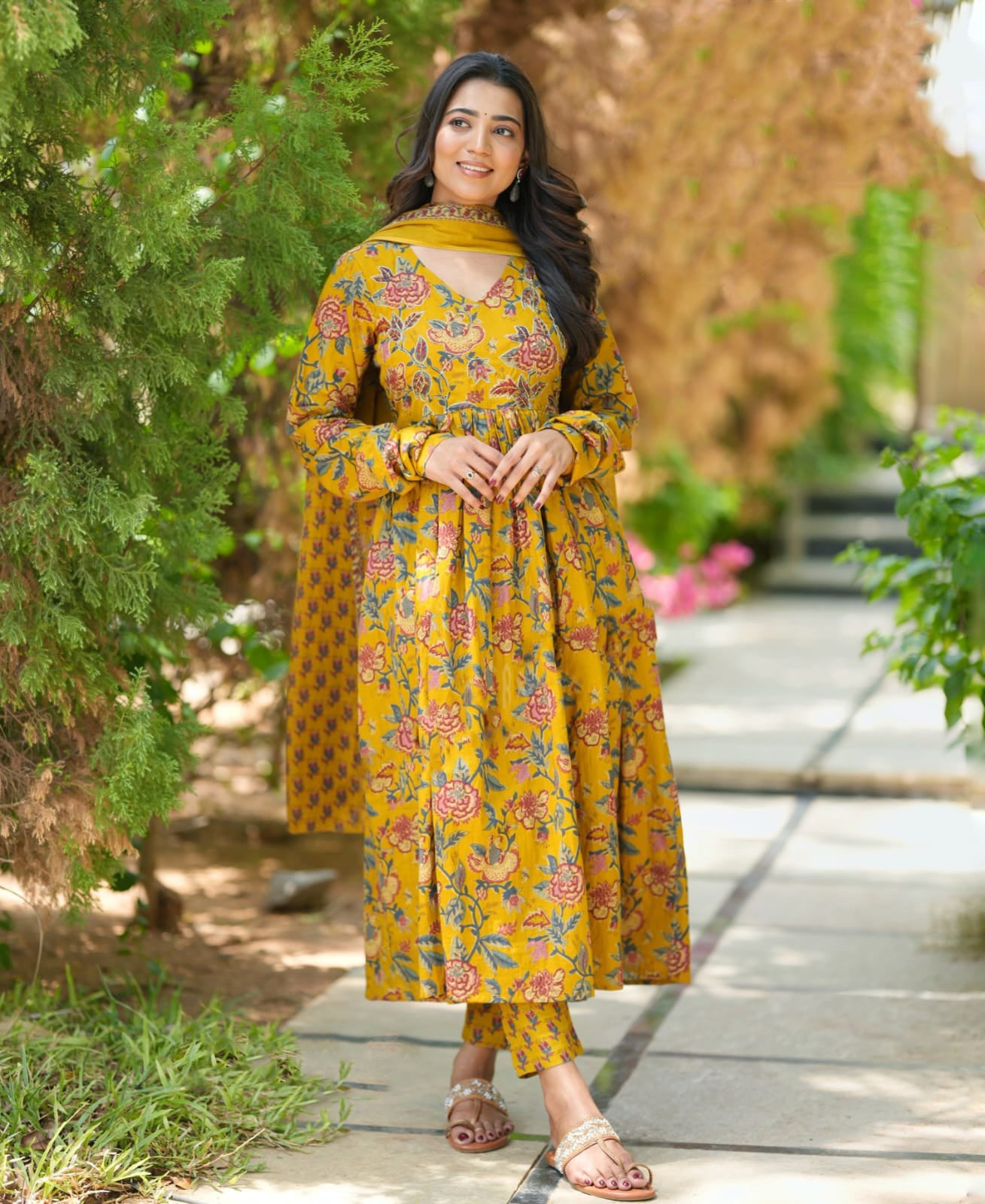 Yellow Anarkali Kurta And Pant Set With Dupatta