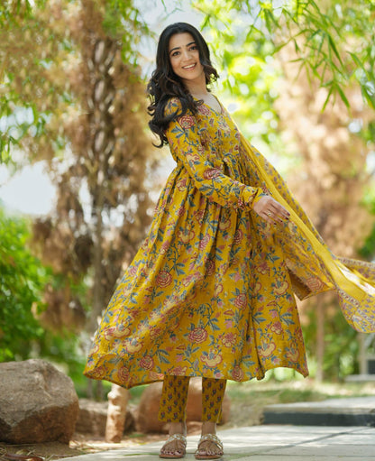 Yellow Anarkali Kurta And Pant Set With Dupatta
