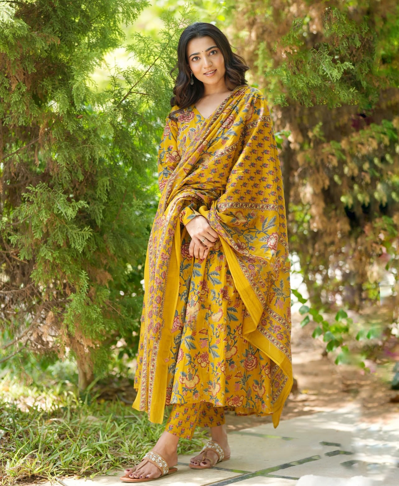 Yellow Anarkali Kurta And Pant Set With Dupatta