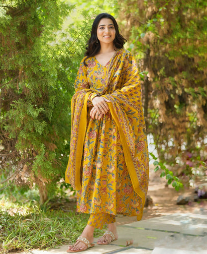 Yellow Anarkali Kurta And Pant Set With Dupatta