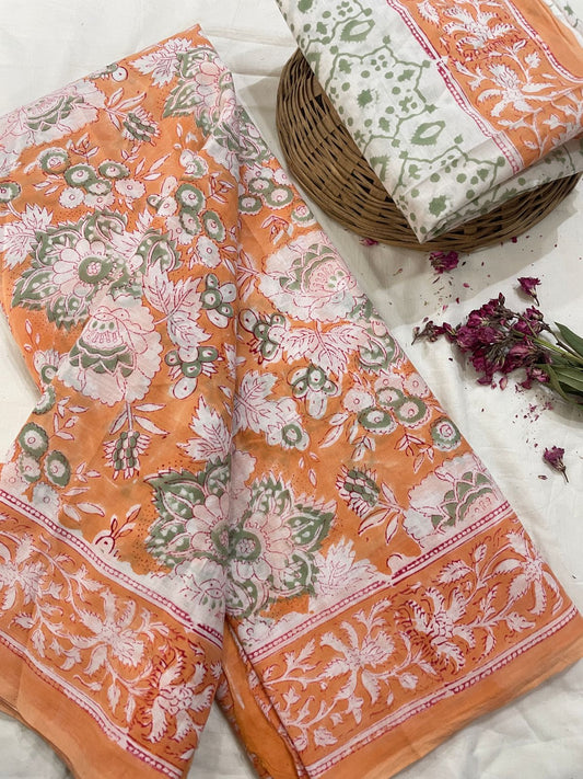 Cotton Mul Mul Hand Block Printed Sarees