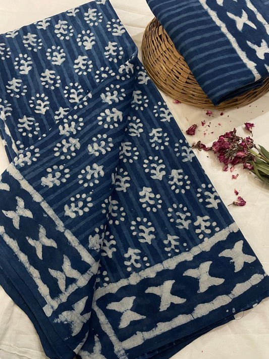 Cotton Mul Mul Hand Block Printed Sarees