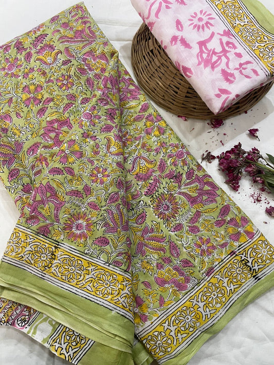 Cotton Mul Mul Hand Block Printed Sarees